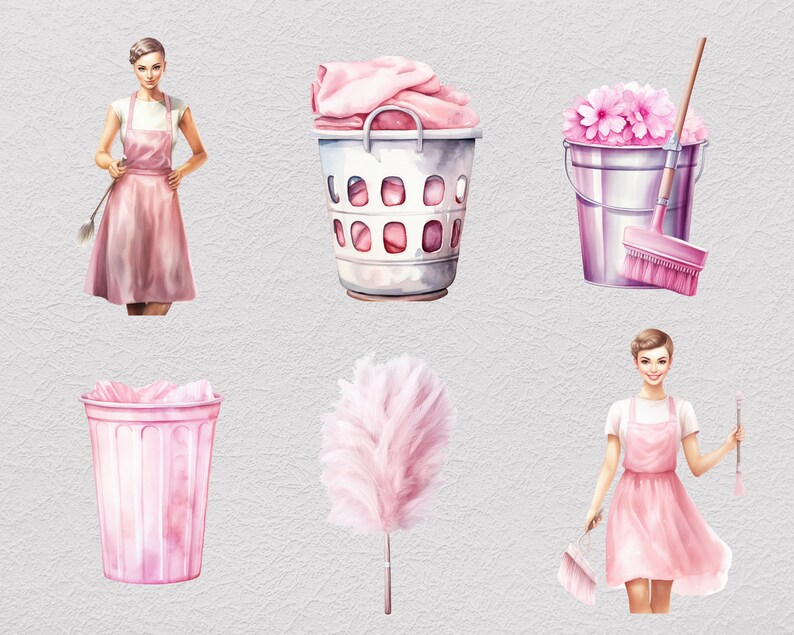 May include: A set of pink cleaning supplies, including a dustpan, a broom, a duster, a laundry basket, a bucket, and two women wearing pink cleaning outfits.