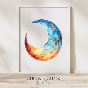 May include: A watercolor painting of a crescent moon with a blue and orange gradient. The moon is filled with small white stars and has larger gold stars on the surface. The background is white.