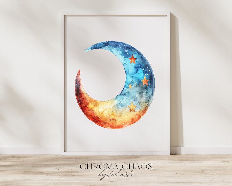 May include: A watercolor painting of a crescent moon with a blue and orange gradient. The moon is filled with small white stars and has larger gold stars on the surface. The background is white.
