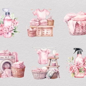 May include: A watercolor illustration of laundry-themed items, including a pink laundry basket, a pink spray bottle, a pink t-shirt, a washing machine, and a pink flower bouquet.