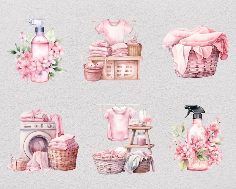 May include: A watercolor illustration of laundry-themed items, including a pink laundry basket, a pink spray bottle, a pink t-shirt, a washing machine, and a pink flower bouquet.