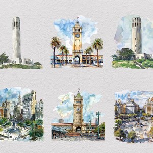 May include: A set of six watercolor illustrations depicting San Francisco landmarks including Coit Tower, the Ferry Building, and city streetscapes with buildings, trees, and blue sky clouds, rendered in a loose, artistic painting style.