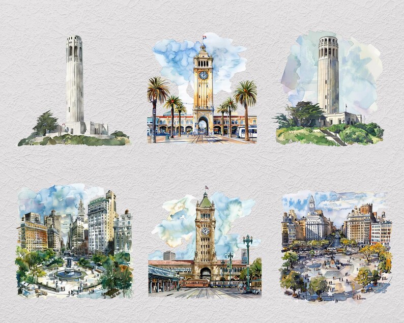 May include: A set of six watercolor illustrations depicting San Francisco landmarks including Coit Tower, the Ferry Building, and city streetscapes with buildings, trees, and blue sky clouds, rendered in a loose, artistic painting style.