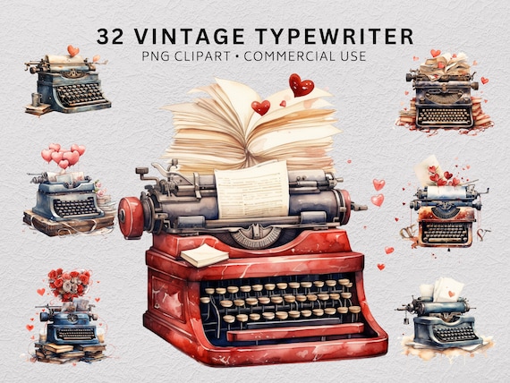 32 Vintage Typewriter Clipart Bundle, Watercolour Love Letter PNG, Romantic Old Letters Wax Seal, Junk Journal Digital Download