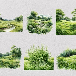 Pu&ograve; includere: Un dipinto ad acquerello di un rigoglioso prato verde con un ruscello sinuoso. Il prato &egrave; pieno di vari tipi di fogliame verde e fiori selvatici. Il ruscello scorre attraverso il prato e scompare in lontananza. Il dipinto &egrave; realizzato in uno stile realistico e cattura la bellezza della natura.