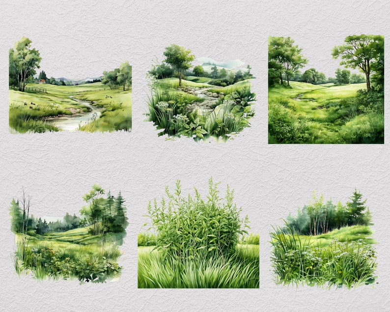 Pu&ograve; includere: Un dipinto ad acquerello di un rigoglioso prato verde con un ruscello sinuoso. Il prato &egrave; pieno di vari tipi di fogliame verde e fiori selvatici. Il ruscello scorre attraverso il prato e scompare in lontananza. Il dipinto &egrave; realizzato in uno stile realistico e cattura la bellezza della natura.