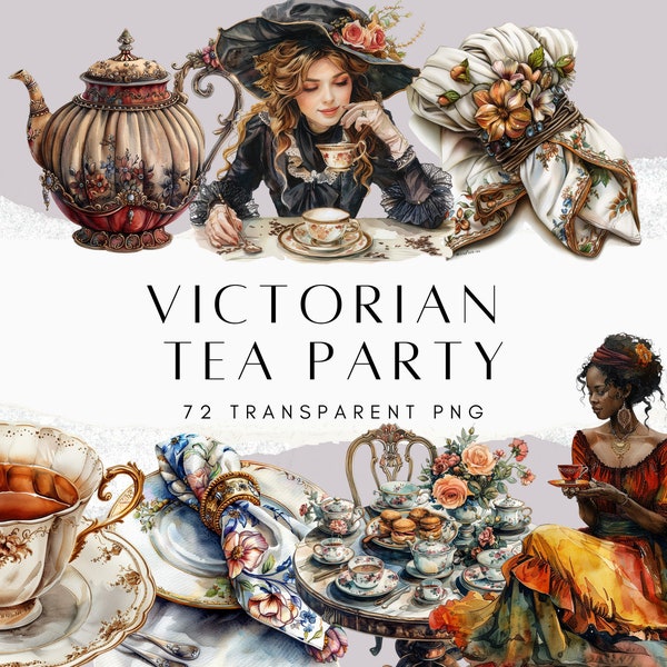 Bundle de cliparts tea party victorien, clipart tea party vintage, ensemble de jeu vintage PNG, ensemble de thé vintage PNG, scrapbooking, Junk Journal, thé PNG