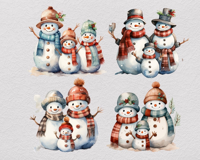 Pu&ograve; includere: Una collezione di quattro illustrazioni ad acquerello raffiguranti gruppi di pupazzi di neve. Ogni pupazzo indossa un cappello e una sciarpa, alcuni decorati con bacche di agrifoglio. Hanno braccia di ramoscelli e nasi a forma di carota.
