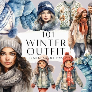 Può includere: Una collezione di 101 illustrazioni di outfit invernali con vari cappelli, sciarpe, guanti e maglioni. Le illustrazioni sono in stile acquerello e sono perfette per l'uso nello scrapbooking digitale, nella creazione di biglietti e in altri progetti creativi.  101 Winter Outfit - Transparent PNG