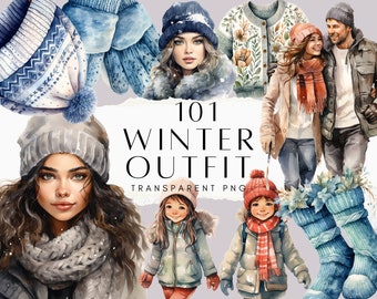 101 vinterkläder clipart-paket, skid- och snöpjäxor PNG, stickad tröja med vantar clipart, digital nedladdning