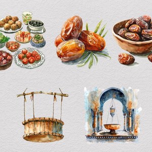 May include: A watercolor painting of a still life featuring dates, olives, tomatoes, and other food items. The painting also includes a wooden well and a decorative archway with a hanging lamp.