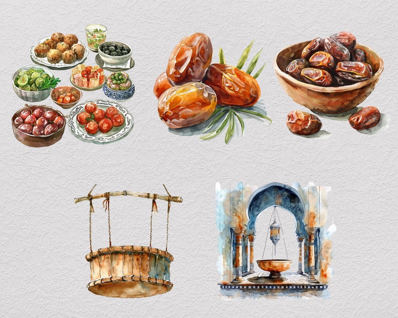 May include: A watercolor painting of a still life featuring dates, olives, tomatoes, and other food items. The painting also includes a wooden well and a decorative archway with a hanging lamp.