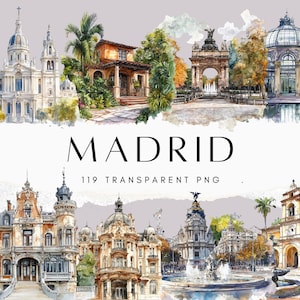 Op de afbeelding: Een aquarel-illustratie van verschillende gebouwen en bezienswaardigheden in Madrid, Spanje. De illustratie toont een kerk, een paleis, een fontein, een boog en een kas. De illustratie is in aquarelstijl met een zacht, gedempt kleurenpalet.