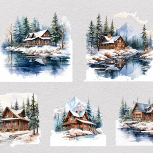 冬のキャビンのクリップアート32点セット、居心地の良いログキャビンPNG、雪山の隠れ家クリップアート、デジタルダウンロード 画像 6