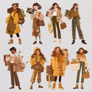 K&ouml;nnte beinhalten: Illustration von zehn Personen in verschiedenen Outfits mit Herbstfarben und verschiedenen Gegenst&auml;nden wie B&uuml;chern, Taschen und einer Karte. Die Personen stehen alle auf einem hellbraunen Hintergrund.