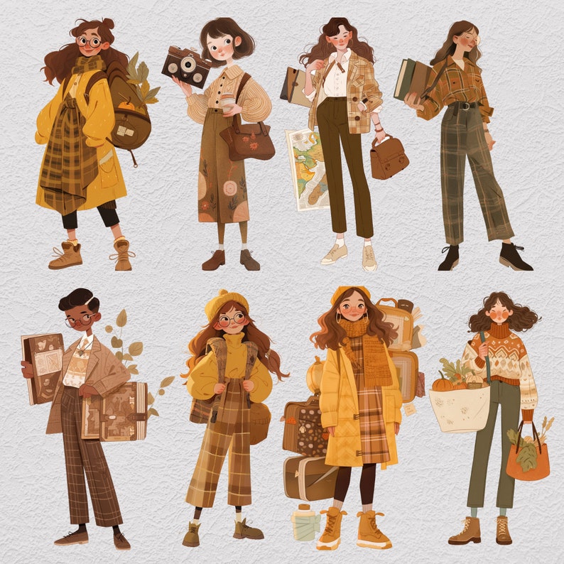 K&ouml;nnte beinhalten: Illustration von zehn Personen in verschiedenen Outfits mit Herbstfarben und verschiedenen Gegenst&auml;nden wie B&uuml;chern, Taschen und einer Karte. Die Personen stehen alle auf einem hellbraunen Hintergrund.