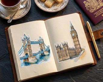 Puede incluir: Un cuaderno abierto con cubierta de cuero marrón que muestra pegatinas de acuarela del Tower Bridge y el Big Ben en sus páginas. Cerca hay una taza de té con una cuchara de plata, un plato de galletas, un bolígrafo dorado y un pasaporte británico burdeos.