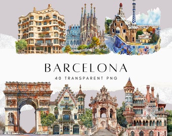40 Barcelona-Cliparts im Aquarell-PNG-Format: Sagrada Familia, Park Güell, Casa Batlló, weitere spanische Wahrzeichen – digitaler Download