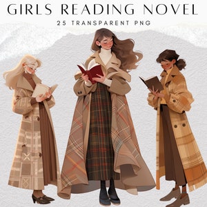 Paquete de imágenes prediseñadas de novelas de lectura para niñas, imágenes prediseñadas de libros, imágenes prediseñadas acogedoras, pila de libros marrón vintage, imágenes prediseñadas Cottagecore, lectura, ratón de biblioteca