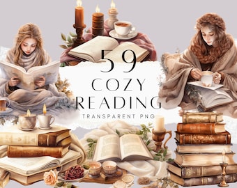 59 Watercolour Cozy Reading Clipart Bundle, Books Clipart, Cozy Clipart, Vintage Brown Pile of Books, Cottagecore Clipart, Reading, Bookworm