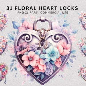 Puede incluir: 31 imágenes de clip art de candados de corazón floral. Las imágenes presentan un candado de corazón plateado con una cerradura y un diseño floral. Las flores son en tonos de rosa, azul y morado. El fondo es gris claro.