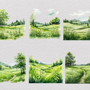 Pu&ograve; includere: Sei acquerelli che raffigurano paesaggi verdi lussureggianti con colline ondulate, alberi e sentieri tortuosi. I dipinti sono realizzati in tonalit&agrave; di verde, marrone e blu, con accenni di bianco per le nuvole.