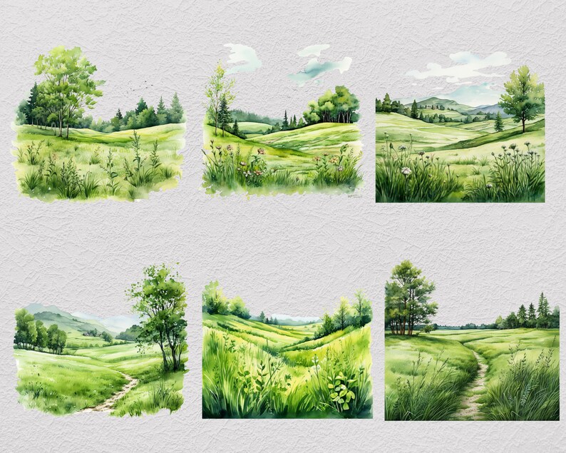 Pu&ograve; includere: Sei acquerelli che raffigurano paesaggi verdi lussureggianti con colline ondulate, alberi e sentieri tortuosi. I dipinti sono realizzati in tonalit&agrave; di verde, marrone e blu, con accenni di bianco per le nuvole.