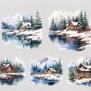 冬のキャビンのクリップアート32点セット、居心地の良いログキャビンPNG、雪山の隠れ家クリップアート、デジタルダウンロード 画像 4