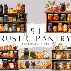 Puede incluir: 54 Rustic Pantry - Un conjunto de clipart digital de ilustraciones de acuarela que representan varios frascos de alimentos en conserva, frutas y verduras en estantes de madera. Los frascos están llenos de ingredientes coloridos, como bayas, frijoles y especias. El conjunto incluye archivos PNG transparentes.