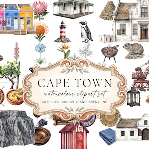 May include: A digital collection of watercolour illustrations featuring Cape Town landmarks, wildlife, and cultural icons. The central decorative frame displays the text CAPE TOWN watercolour clipart set 40 PIECES 300 DPI TRANSPARENT PNG.