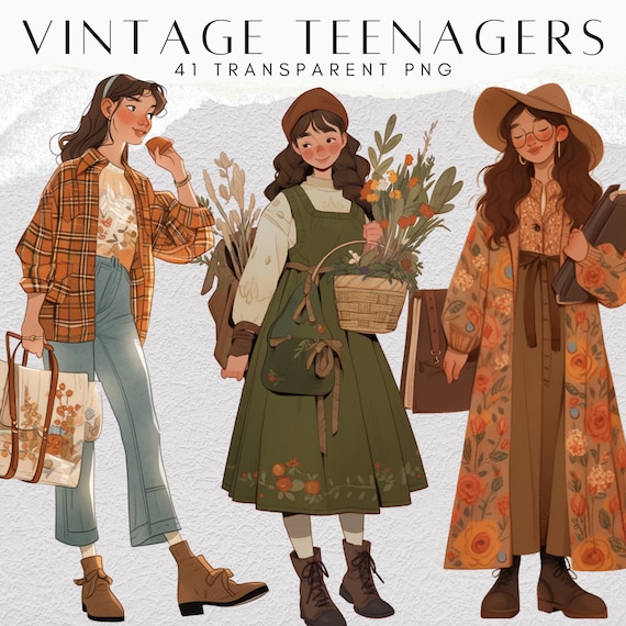 41 Vintage Women Clipart Bundle, Autumn Fashion Girl PNG, Cottagecore Lady Traveller, Retro Character Clip Art, Digital Download