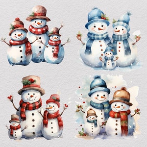 Pu&ograve; includere: Una collezione di quattro illustrazioni ad acquerello raffiguranti gruppi di pupazzi di neve. I pupazzi indossano cappelli e sciarpe con motivi rossi, marroni e blu, decorati con bacche di agrifoglio e rametti. Ogni pupazzo ha un naso a carota.
