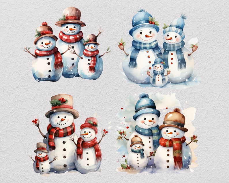 Pu&ograve; includere: Una collezione di quattro illustrazioni ad acquerello raffiguranti gruppi di pupazzi di neve. I pupazzi indossano cappelli e sciarpe con motivi rossi, marroni e blu, decorati con bacche di agrifoglio e rametti. Ogni pupazzo ha un naso a carota.