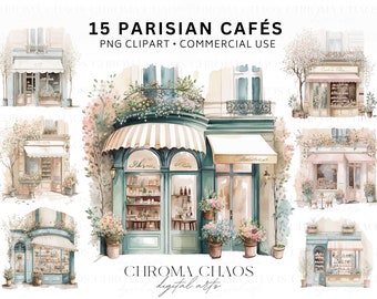 15 Parisian Cafe Clipart Bundle, Vintage French Cafe PNG, Paris Street Scene Clip Art, Digital Download