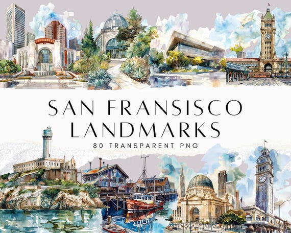 80 San Fransisco Clipart, Watercolour Clip Art, San Fransisco City Clipart, Cozy Clipart, Destination PNG, Golden Bridge PNG by ChromaChaos