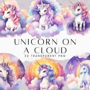 Unicorn Clipart, Unicorn on Clouds PNG, Magical Animals PNG, Nursery Watercolour Clipart, Digital Download, Commercial Use by ChromaChaos