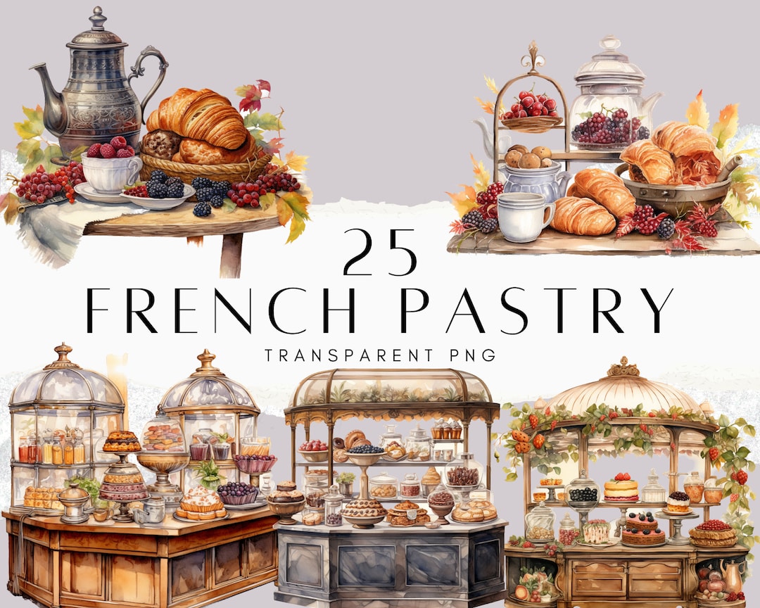 25 Watercolour French Pastry Clipart Bundle Cozy Cottagecore Clip Art ...