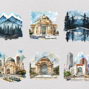 May include: A collection of six watercolor illustrations featuring various architectural landmarks and natural landscapes, including mountain ranges with pine forests, a domed building, and cityscapes with skyscrapers and street scenes.