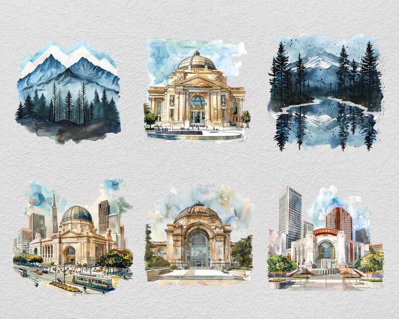 May include: A collection of six watercolor illustrations featuring various architectural landmarks and natural landscapes, including mountain ranges with pine forests, a domed building, and cityscapes with skyscrapers and street scenes.