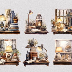 37 Vinterstudie Clipart Bundle, Akvarell Mysig Läsning PNG, Snöig Fönster Skrivbordsscen, Dark Academia Cottagecore, Digital Nedladdning bild 3