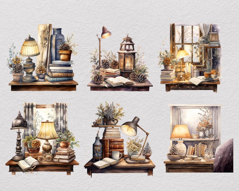 37 Vinterstudie Clipart Bundle, Akvarell Mysig Läsning PNG, Snöig Fönster Skrivbordsscen, Dark Academia Cottagecore, Digital Nedladdning bild 3