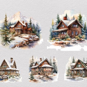 冬のキャビンのクリップアート32点セット、居心地の良いログキャビンPNG、雪山の隠れ家クリップアート、デジタルダウンロード 画像 8