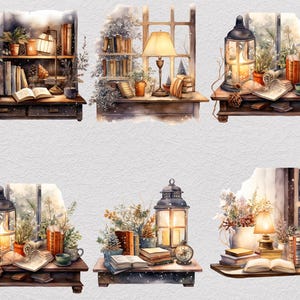 37 Vinterstudie Clipart Bundle, Akvarell Mysig Läsning PNG, Snöig Fönster Skrivbordsscen, Dark Academia Cottagecore, Digital Nedladdning bild 7