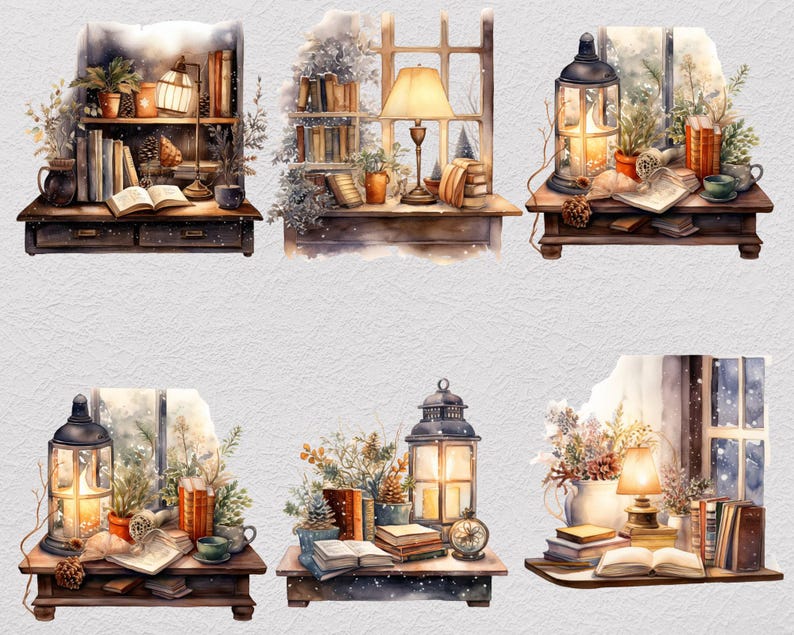 37 Vinterstudie Clipart Bundle, Akvarell Mysig Läsning PNG, Snöig Fönster Skrivbordsscen, Dark Academia Cottagecore, Digital Nedladdning bild 7