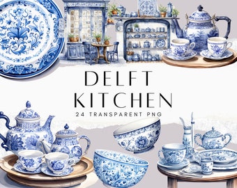 24 Delft Kitchen Clipart Bundle, Watercolour Dutch Pantry PNG, Blue Porcelain Cottage Kitchen, Junk Journal Digital Download