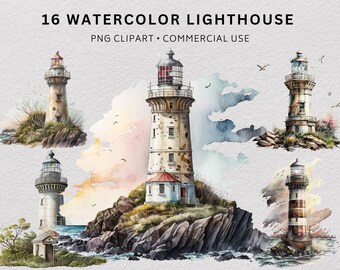 16 Lighthouse Clipart Bundle, Watercolour Coastal Nautical PNG, Nursery Sea Clip Art, Digital Download