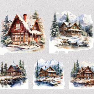 冬のキャビンのクリップアート32点セット、居心地の良いログキャビンPNG、雪山の隠れ家クリップアート、デジタルダウンロード 画像 7