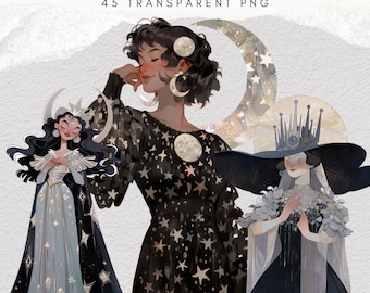 45 Moonlight Queens clipart bundle, Queen of Halloween, vintage witch, vintage illustration, scrapbooking, folk art, chic, cottagecore
