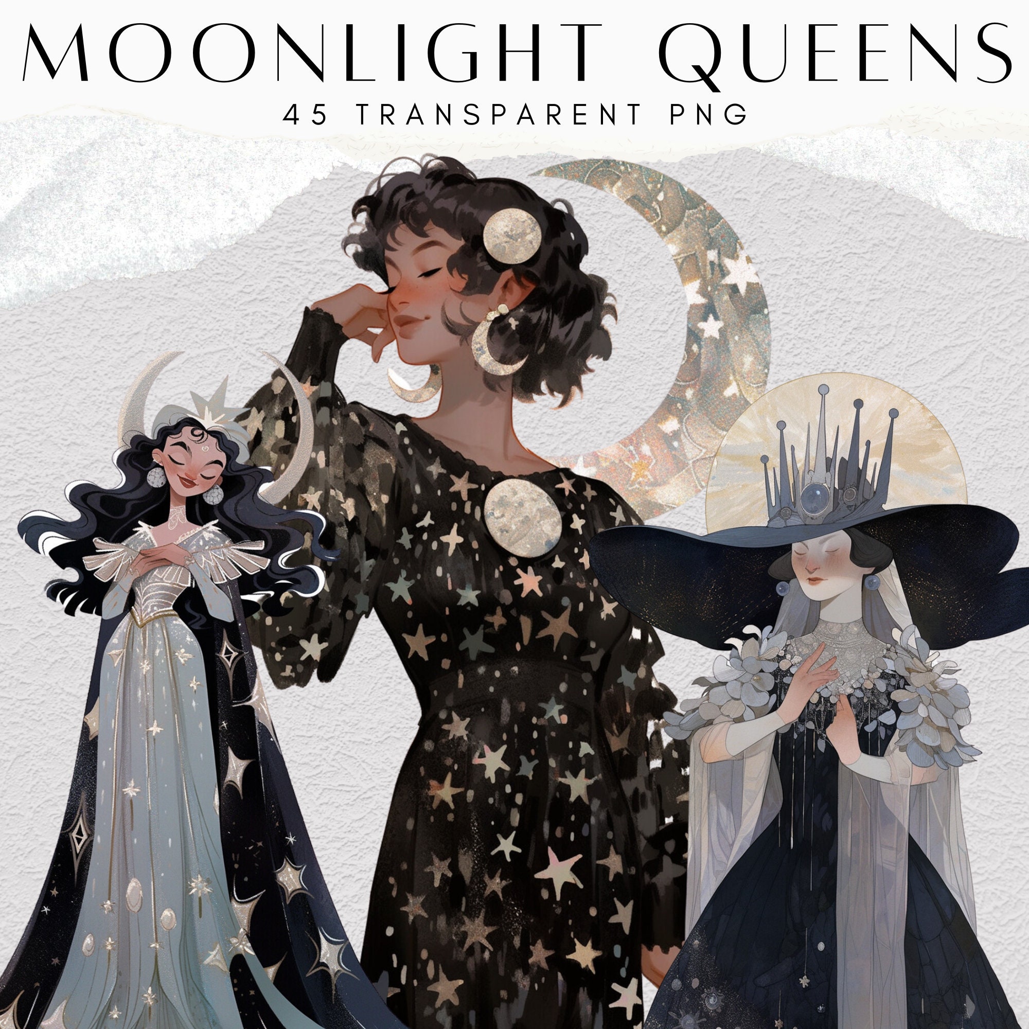 45 Moonlight Queens Clipart Bundle, Queen of Halloween, Vintage Witch
