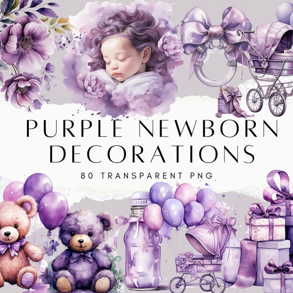 80 Purple Newborn Decorations Clip Art Bundle, Invitation Decor, Wall Decor, Nursery Decor, Watercolor Clipart, Baby Clipart Digital Sticker